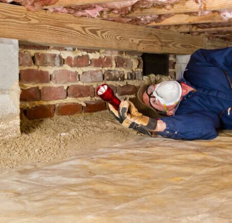 Professional inspector examining brick foundation in crawl space with flashlight